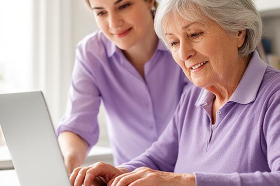 Compassionate tech trainer patiently helping a senior woman use a laptop in a bright, comfortable room