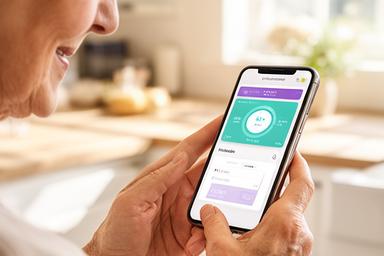 Senior woman checking a health tracking app on her smartphone in a sunny kitchen