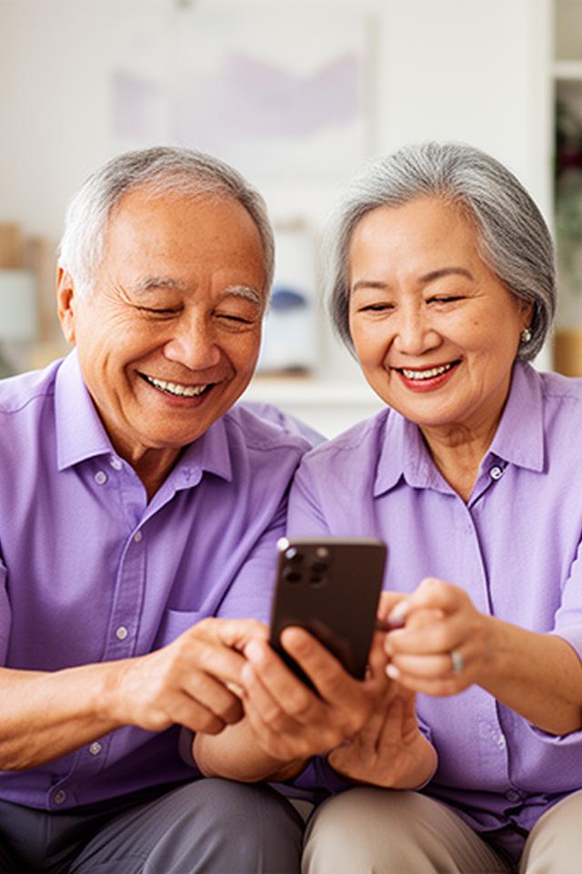 Senior Singaporean couple smiling while learning to use a smartphone together at home