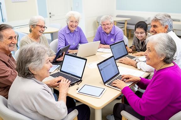 Small group of seniors gathered around a table learning computers in a bright Pasir Panjang workshop